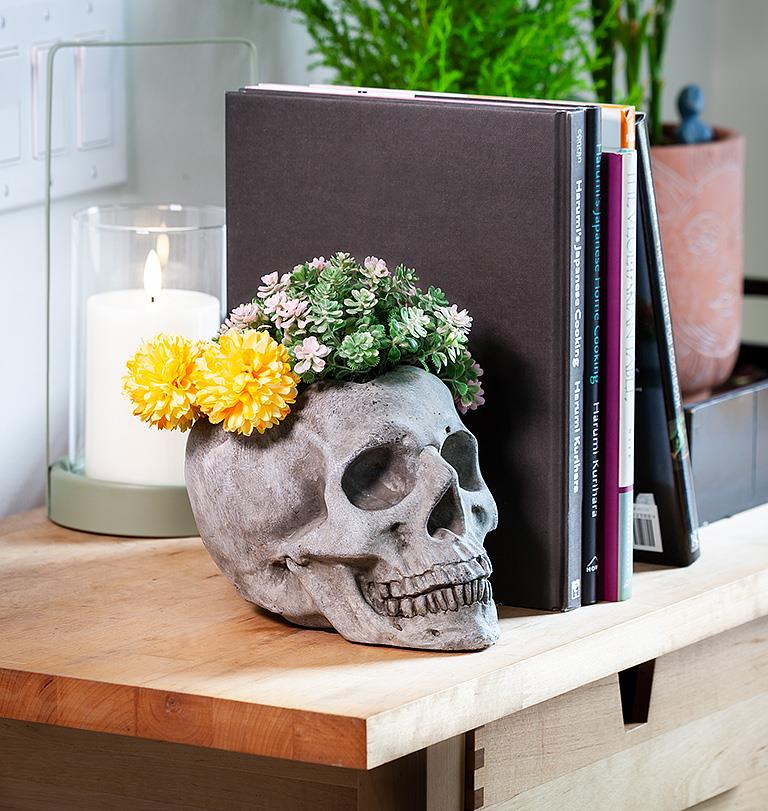 Ensemble De Jardinière Et Support En Résine En Forme De Tête De Mort Pot En Polyresine Decoration Dhalloween Tete De Mort Retro Dore~p151381915